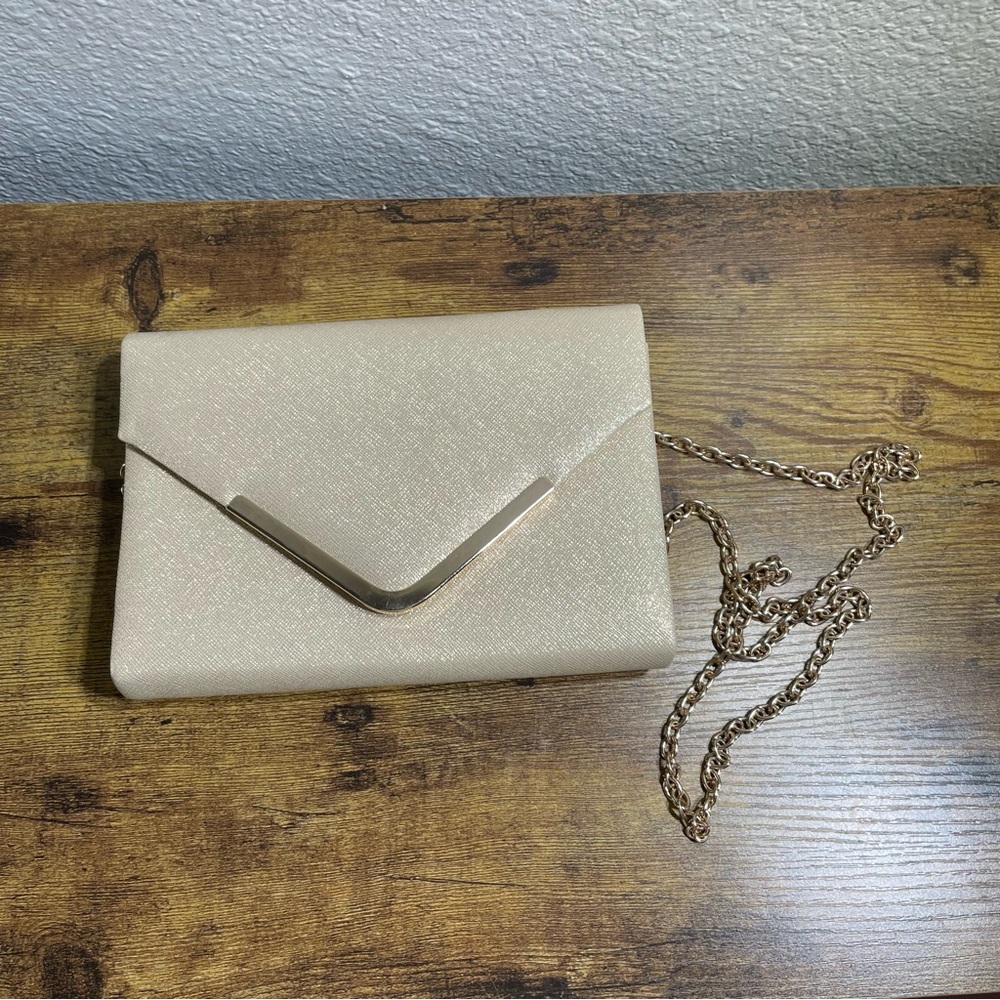 Kate Landry Gold Glitter Clutch with Chain Accent